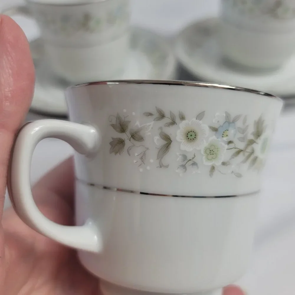 FOUR Imperial China Wild Flower Cup & Saucer Sets Green Blue & White Flowers